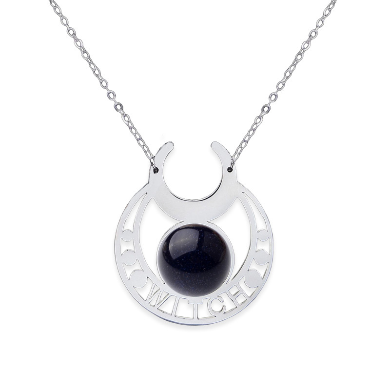 Stainless Steel Moon Necklace Natural Gemstone Cabs Pendant With 50CM Chain