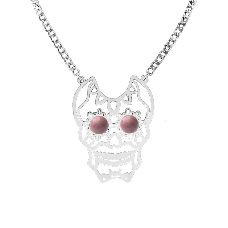 Stainless Steel Hollow Skull Necklace Natural Gemstone Cabs Pendant With 50CM Chain