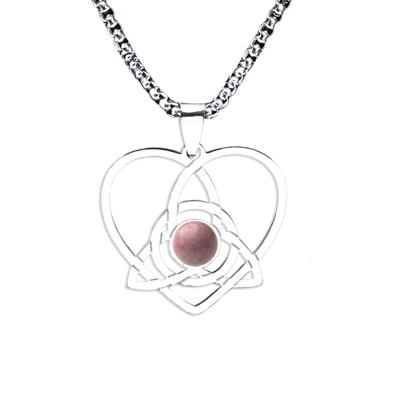 Stainless Steel Heart Necklace Natural Gemstone Cabs Pendant With 50CM Chain