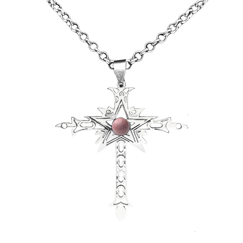 Stainless Steel Cross Necklace Natural Gemstone Cabs Pendant With 50CM Chain