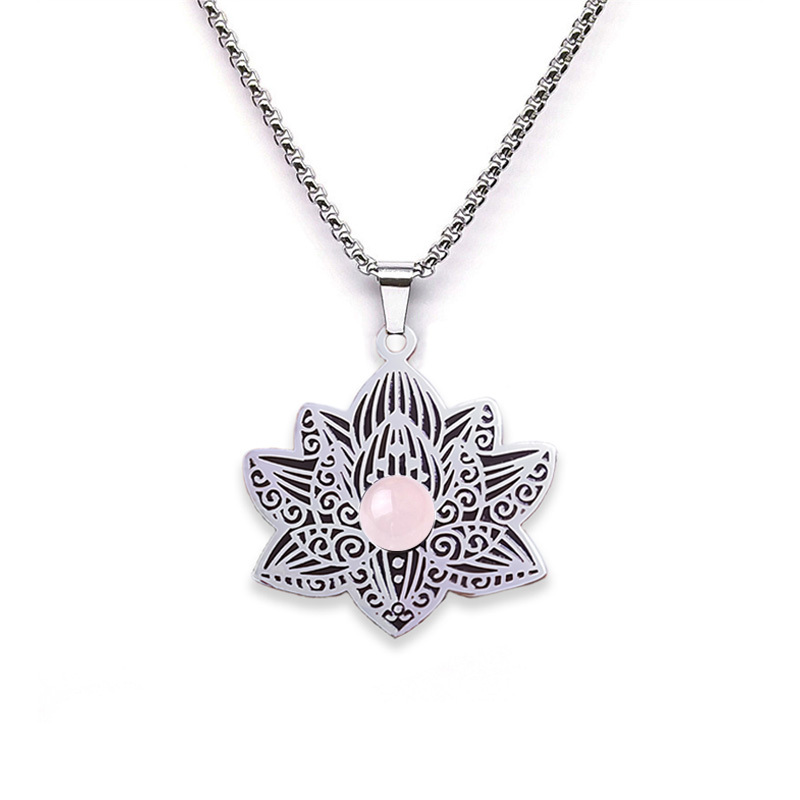 Stainless Steel Lotus Necklace Natural Gemstone Cabs Pendant With 50CM Chain