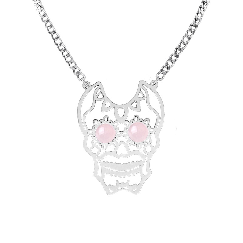 Stainless Steel Hollow Skull Necklace Natural Gemstone Cabs Pendant With 50CM Chain