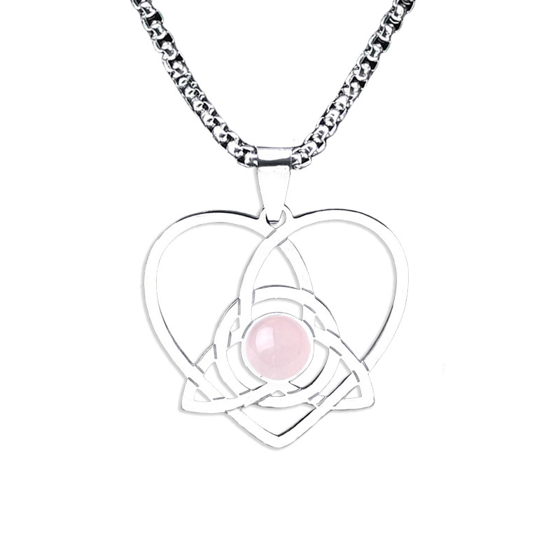 Stainless Steel Heart Necklace Natural Gemstone Cabs Pendant With 50CM Chain