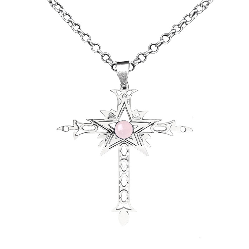 Stainless Steel Cross Necklace Natural Gemstone Cabs Pendant With 50CM Chain