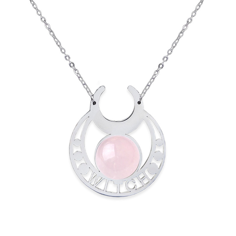 Stainless Steel Moon Necklace Natural Gemstone Cabs Pendant With 50CM Chain