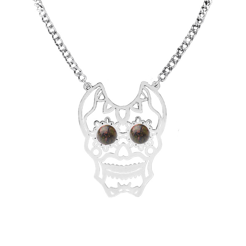 Stainless Steel Hollow Skull Necklace Natural Gemstone Cabs Pendant With 50CM Chain