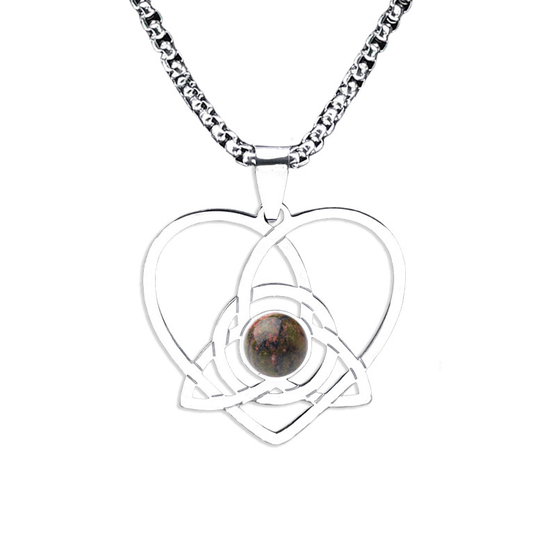Stainless Steel Heart Necklace Natural Gemstone Cabs Pendant With 50CM Chain