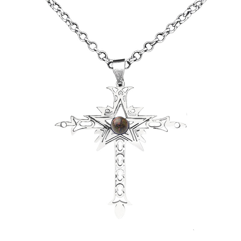 Stainless Steel Cross Necklace Natural Gemstone Cabs Pendant With 50CM Chain
