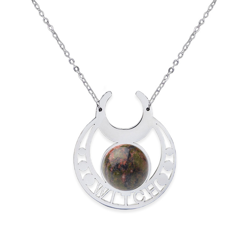 Stainless Steel Moon Necklace Natural Gemstone Cabs Pendant With 50CM Chain