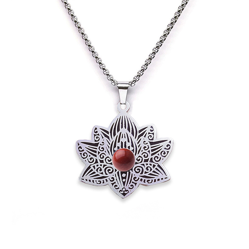 Stainless Steel Lotus Necklace Natural Gemstone Cabs Pendant With 50CM Chain
