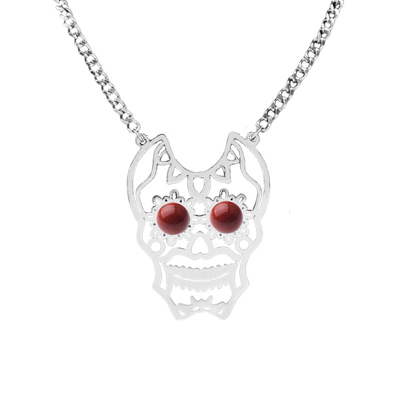 Stainless Steel Hollow Skull Necklace Natural Gemstone Cabs Pendant With 50CM Chain