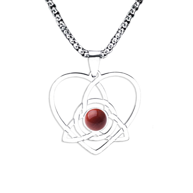 Stainless Steel Heart Necklace Natural Gemstone Cabs Pendant With 50CM Chain