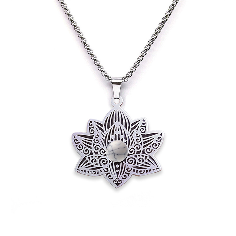 Stainless Steel Lotus Necklace Natural Gemstone Cabs Pendant With 50CM Chain