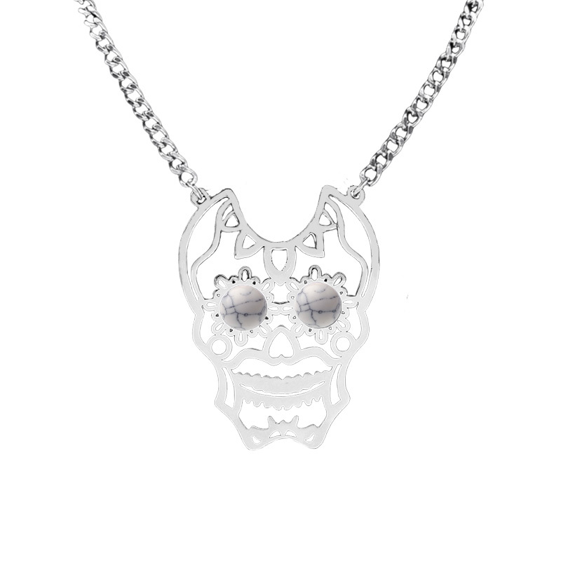 Stainless Steel Hollow Skull Necklace Natural Gemstone Cabs Pendant With 50CM Chain