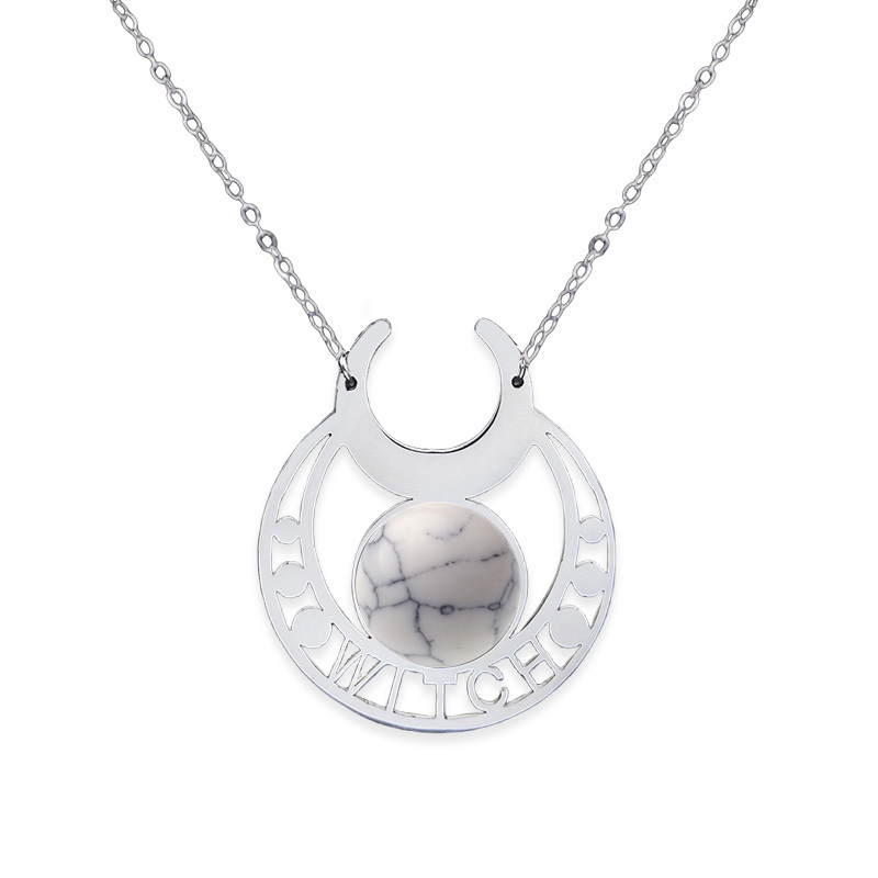 Stainless Steel Moon Necklace Natural Gemstone Cabs Pendant With 50CM Chain
