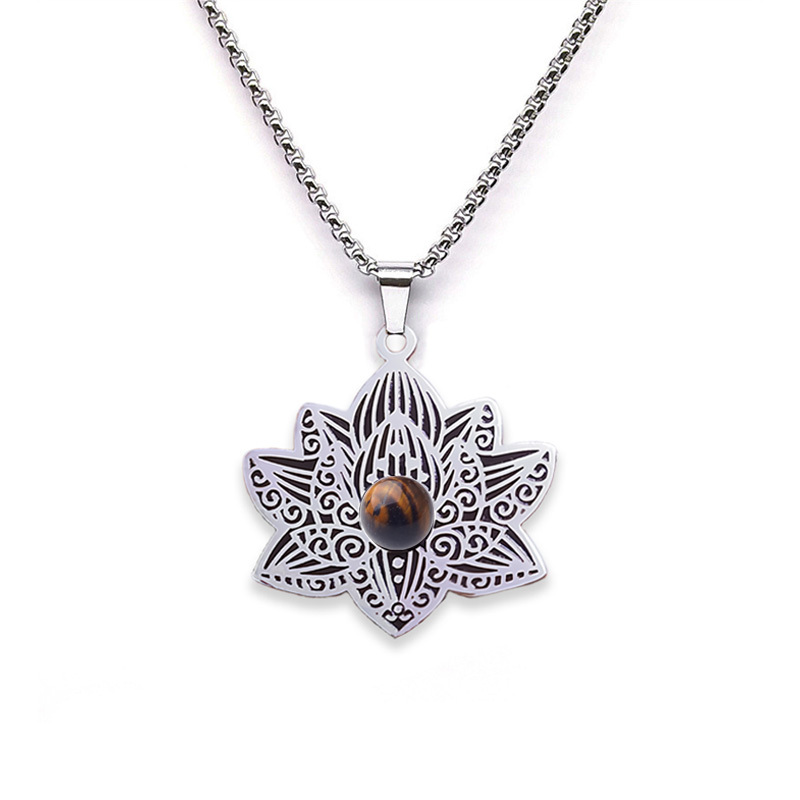 Stainless Steel Lotus Necklace Natural Gemstone Cabs Pendant With 50CM Chain