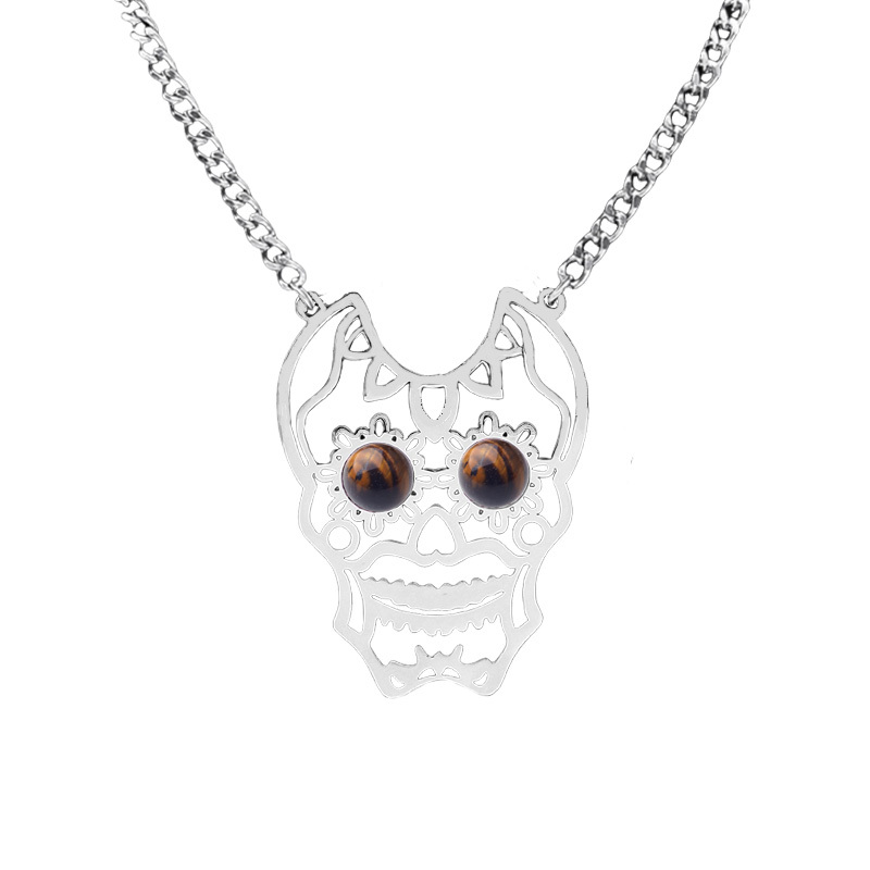 Stainless Steel Hollow Skull Necklace Natural Gemstone Cabs Pendant With 50CM Chain