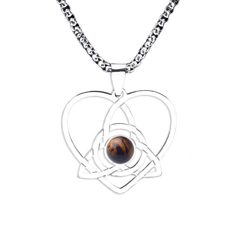 Stainless Steel Heart Necklace Natural Gemstone Cabs Pendant With 50CM Chain
