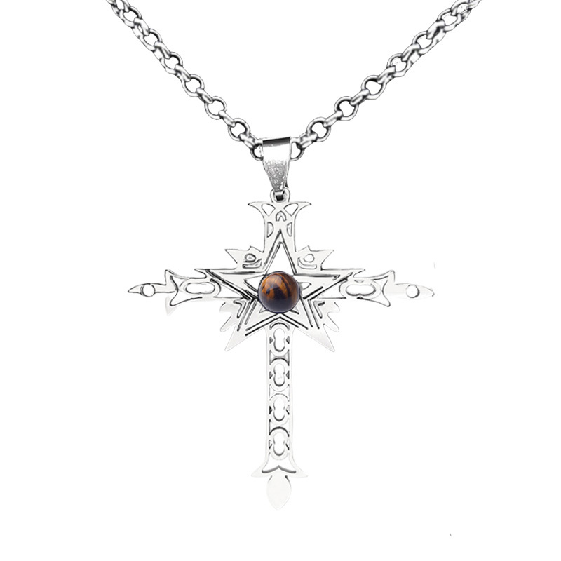 Stainless Steel Cross Necklace Natural Gemstone Cabs Pendant With 50CM Chain