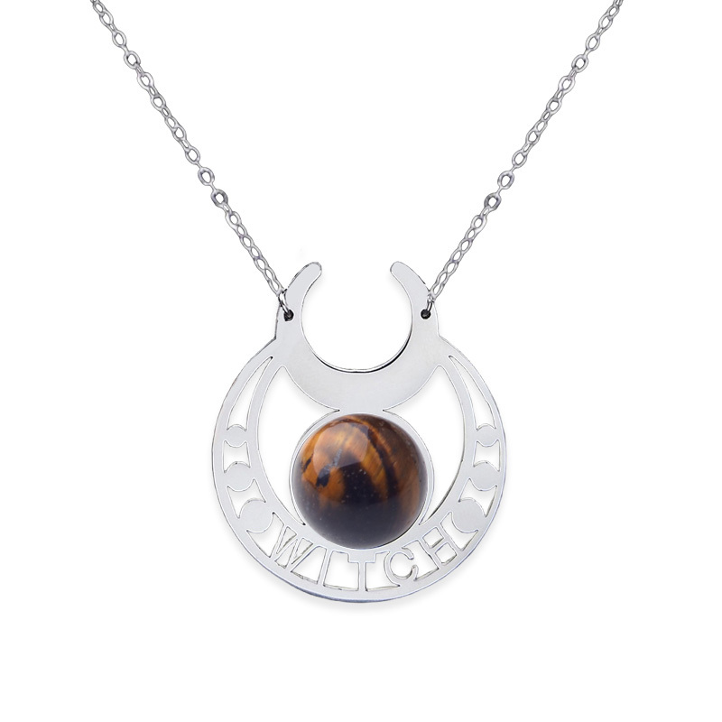 Stainless Steel Moon Necklace Natural Gemstone Cabs Pendant With 50CM Chain