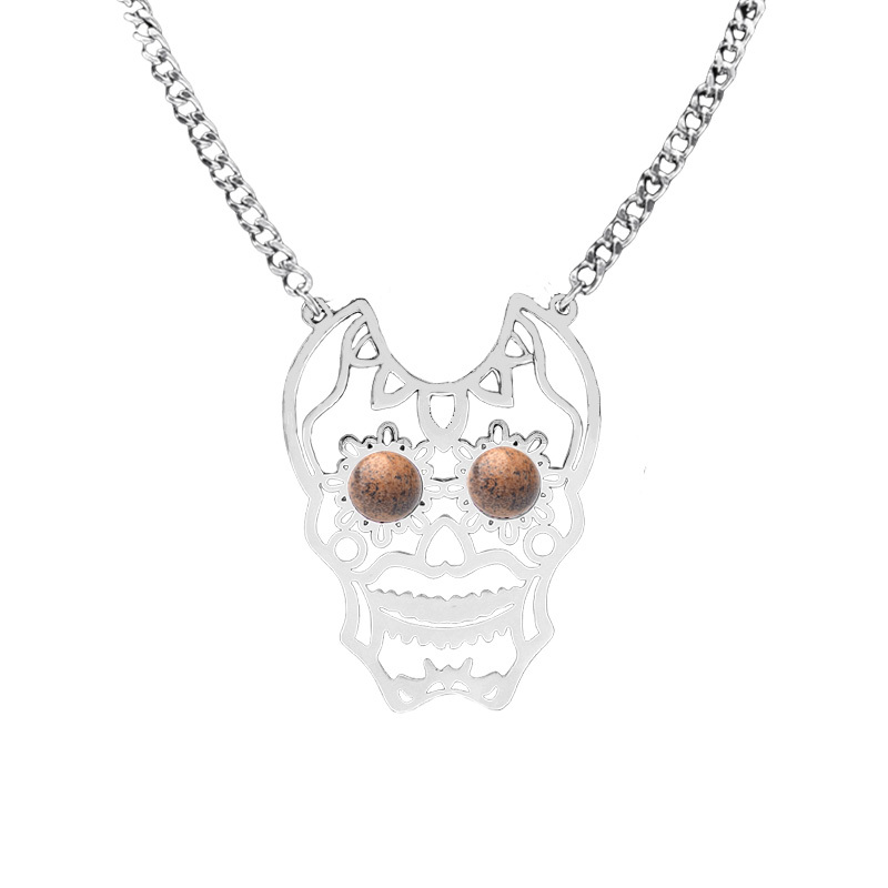 Stainless Steel Hollow Skull Necklace Natural Gemstone Cabs Pendant With 50CM Chain