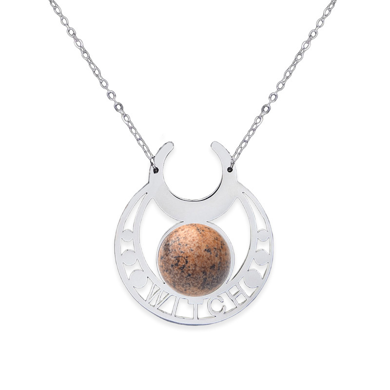 Stainless Steel Moon Necklace Natural Gemstone Cabs Pendant With 50CM Chain