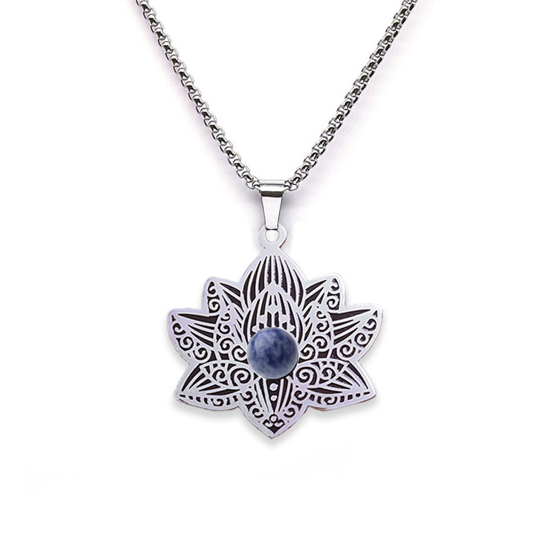 Stainless Steel Lotus Necklace Natural Gemstone Cabs Pendant With 50CM Chain