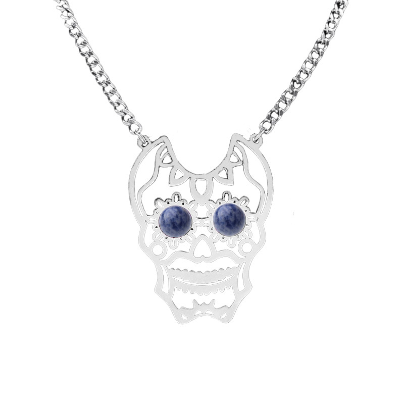 Stainless Steel Hollow Skull Necklace Natural Gemstone Cabs Pendant With 50CM Chain