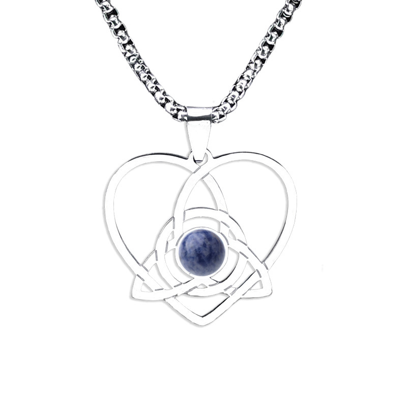 Stainless Steel Heart Necklace Natural Gemstone Cabs Pendant With 50CM Chain