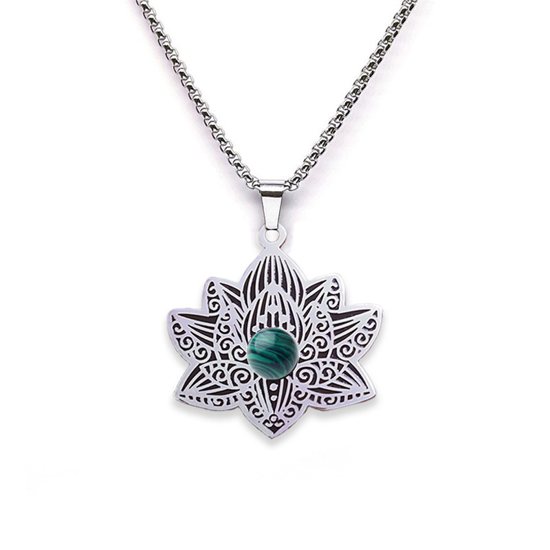 Stainless Steel Lotus Necklace Natural Gemstone Cabs Pendant With 50CM Chain