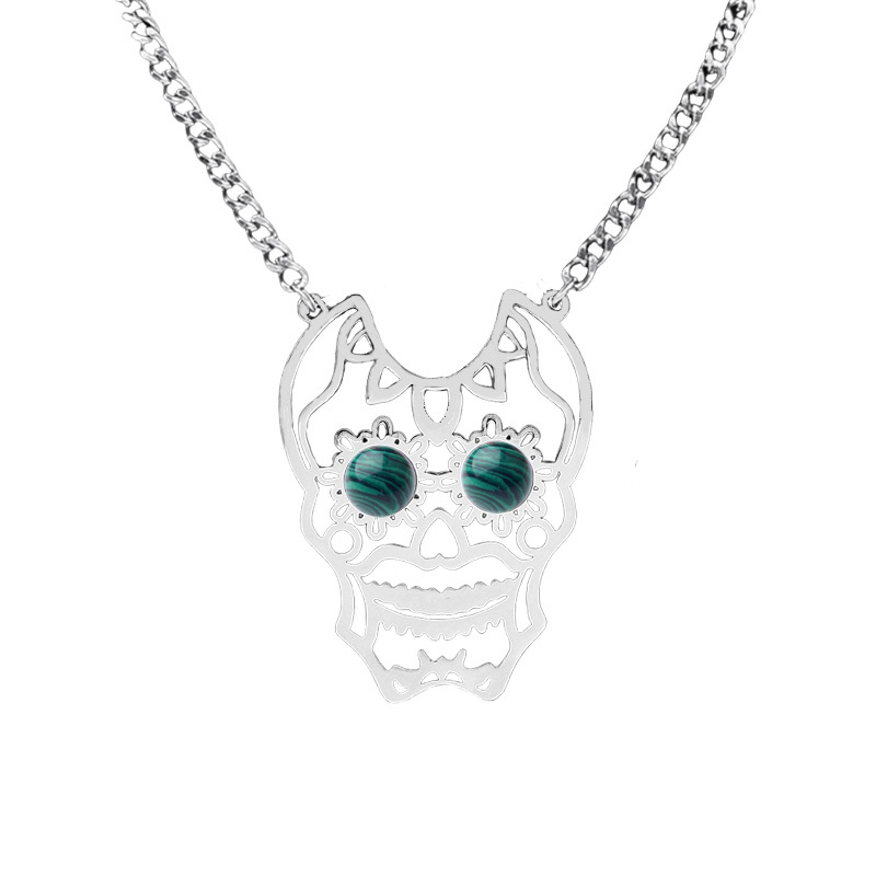 Stainless Steel Hollow Skull Necklace Natural Gemstone Cabs Pendant With 50CM Chain