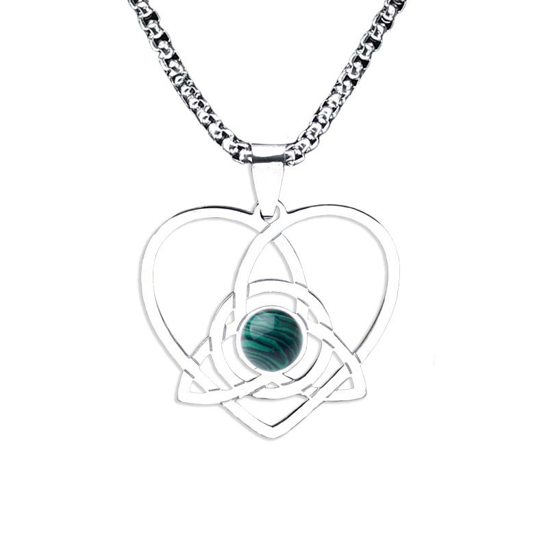 Stainless Steel Heart Necklace Natural Gemstone Cabs Pendant With 50CM Chain