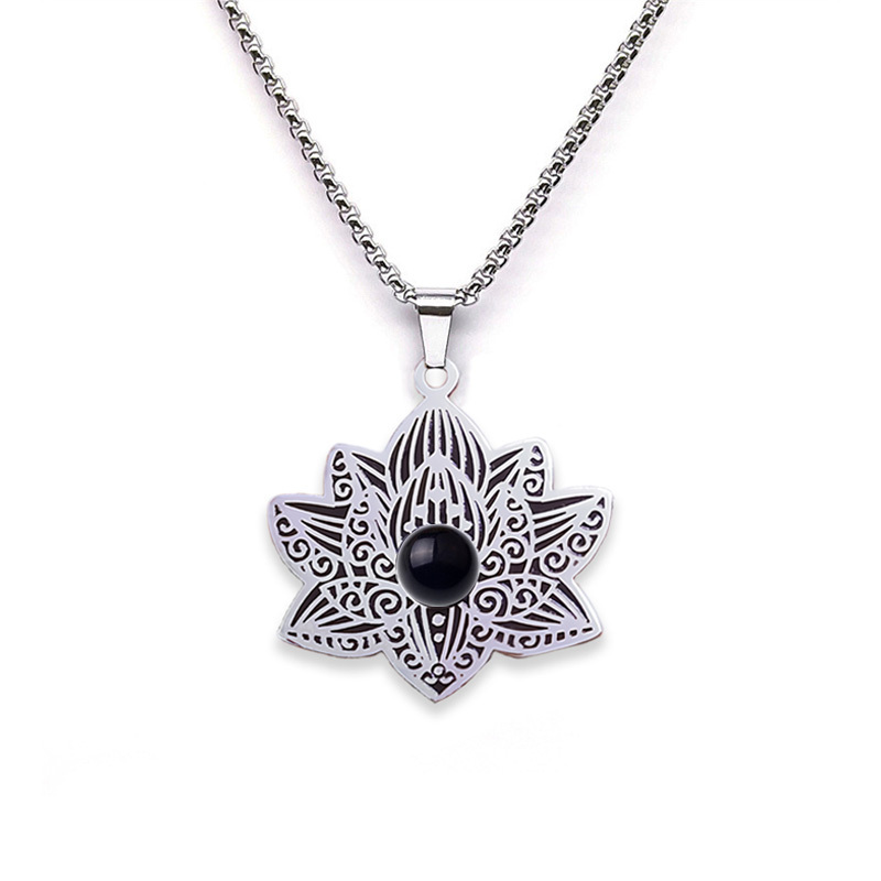 Stainless Steel Lotus Necklace Natural Gemstone Cabs Pendant With 50CM Chain