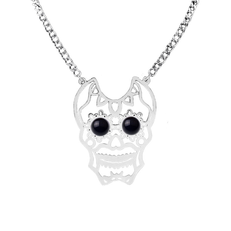 Stainless Steel Hollow Skull Necklace Natural Gemstone Cabs Pendant With 50CM Chain