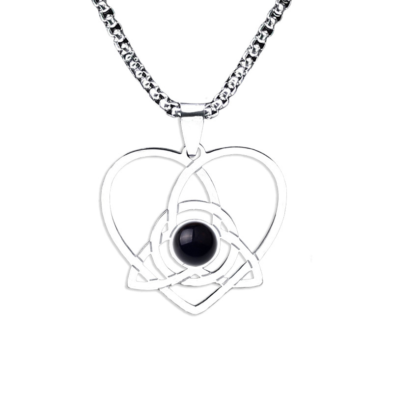 Stainless Steel Heart Necklace Natural Gemstone Cabs Pendant With 50CM Chain
