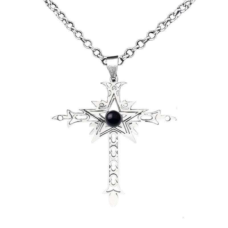 Stainless Steel Cross Necklace Natural Gemstone Cabs Pendant With 50CM Chain
