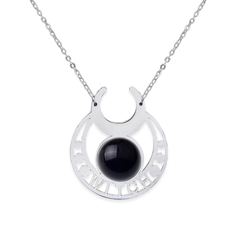 Stainless Steel Moon Necklace Natural Gemstone Cabs Pendant With 50CM Chain