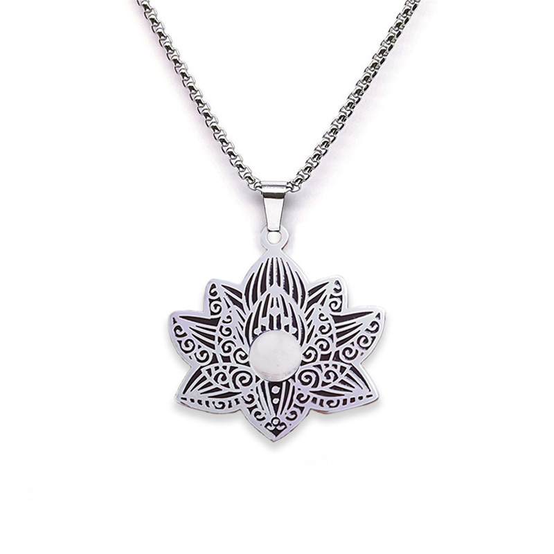 Stainless Steel Lotus Necklace Natural Gemstone Cabs Pendant With 50CM Chain