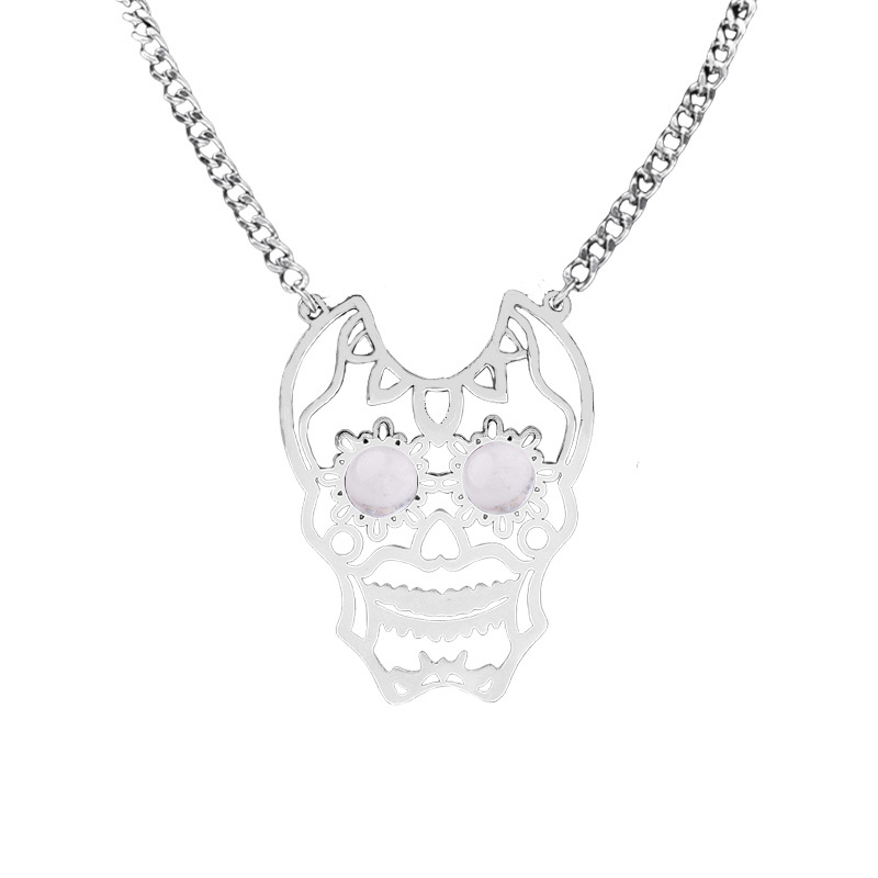 Stainless Steel Hollow Skull Necklace Natural Gemstone Cabs Pendant With 50CM Chain