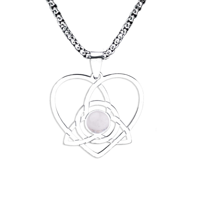 Stainless Steel Heart Necklace Natural Gemstone Cabs Pendant With 50CM Chain