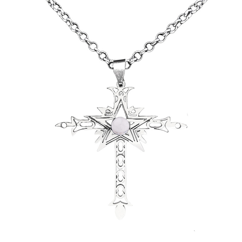 Stainless Steel Cross Necklace Natural Gemstone Cabs Pendant With 50CM Chain