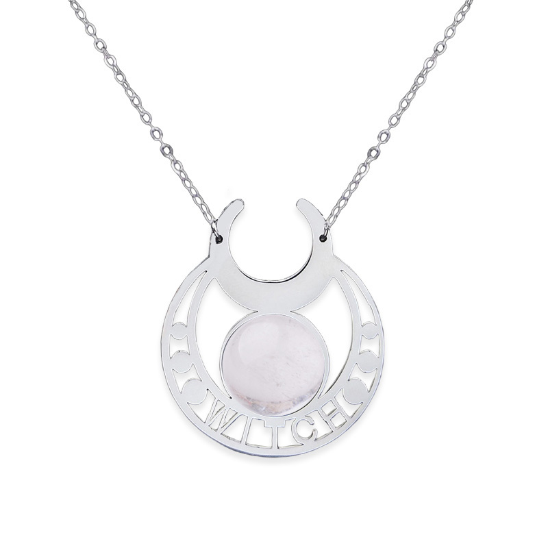 Stainless Steel Moon Necklace Natural Gemstone Cabs Pendant With 50CM Chain