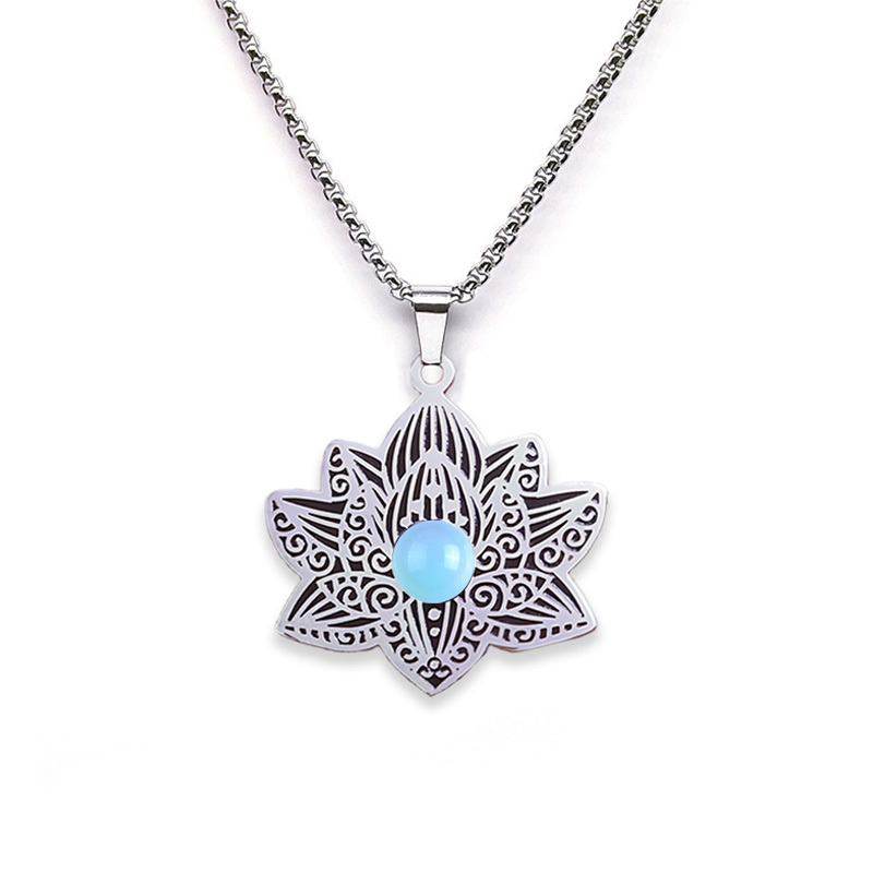 Stainless Steel Lotus Necklace Natural Gemstone Cabs Pendant With 50CM Chain