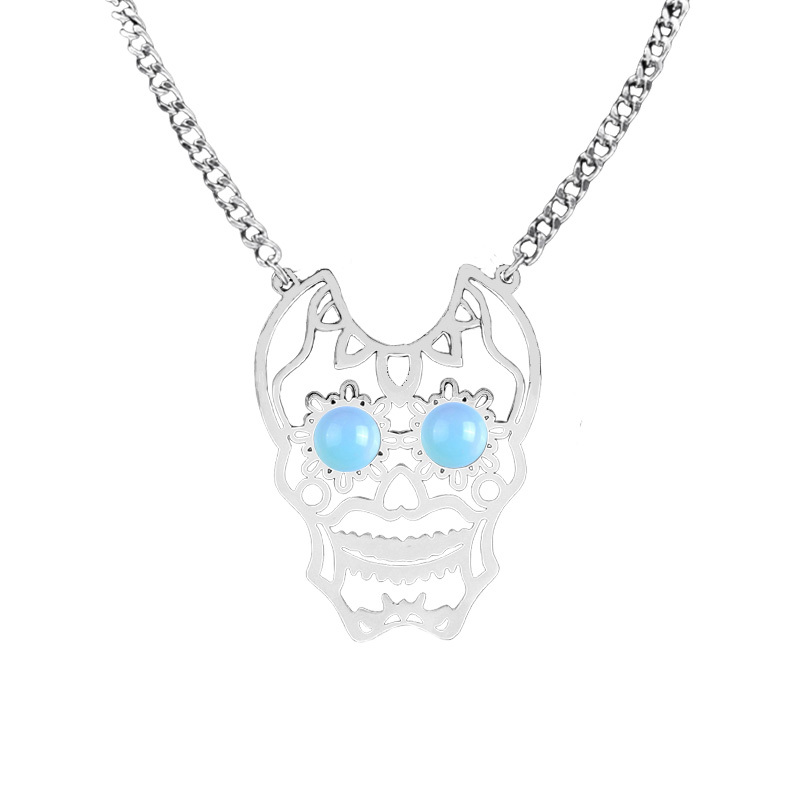 Stainless Steel Hollow Skull Necklace Natural Gemstone Cabs Pendant With 50CM Chain