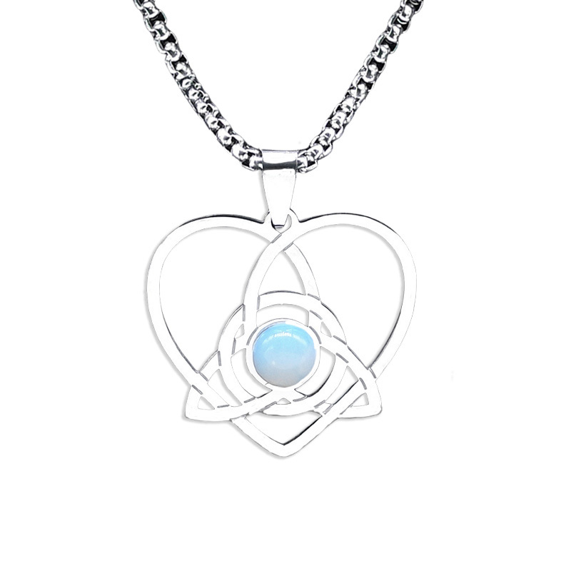 Stainless Steel Heart Necklace Natural Gemstone Cabs Pendant With 50CM Chain