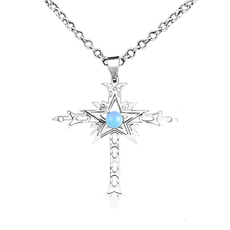 Stainless Steel Cross Necklace Natural Gemstone Cabs Pendant With 50CM Chain