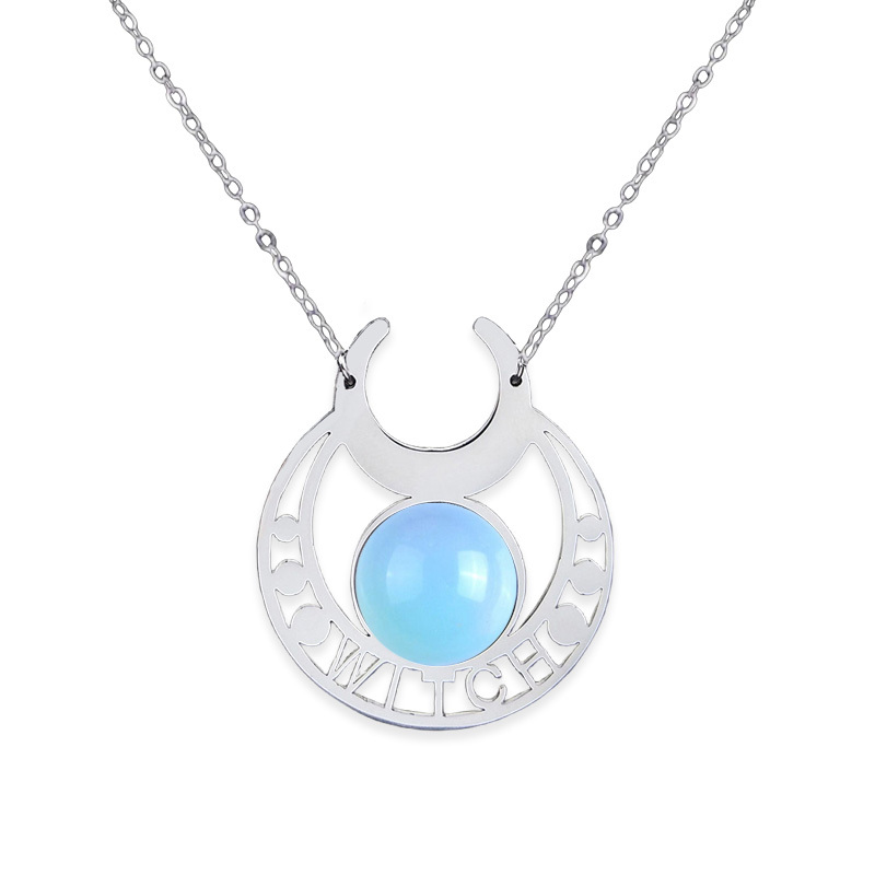 Stainless Steel Moon Necklace Natural Gemstone Cabs Pendant With 50CM Chain