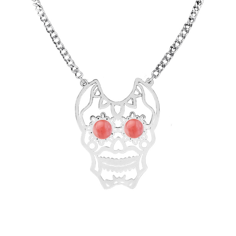 Stainless Steel Hollow Skull Necklace Natural Gemstone Cabs Pendant With 50CM Chain