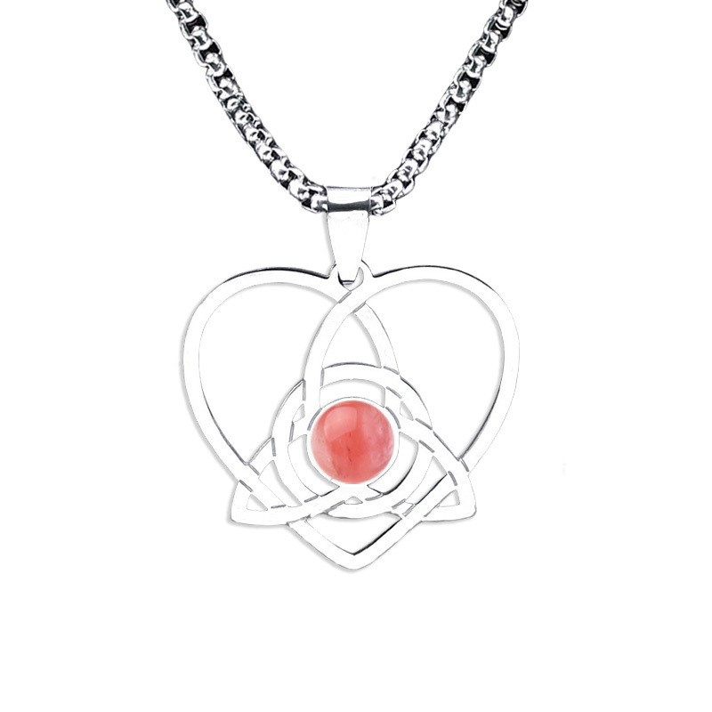 Stainless Steel Heart Necklace Natural Gemstone Cabs Pendant With 50CM Chain