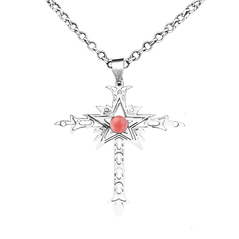 Stainless Steel Cross Necklace Natural Gemstone Cabs Pendant With 50CM Chain